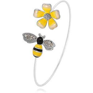 Fashion Yellow Flower and Honey Bee Adjustable Charm Bangle Bracelet Women Jewel